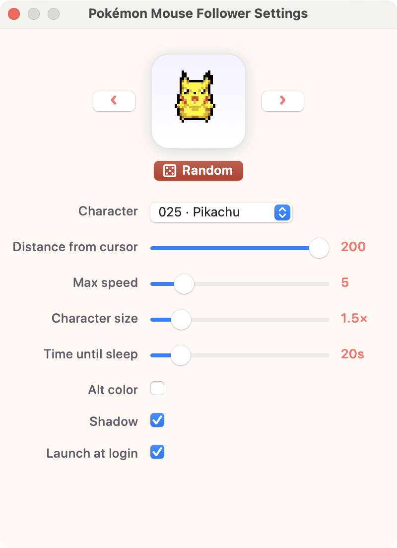 The Settings window: a live preview of the selected Pokémon with previous/next arrows and a random button, plus sliders for distance, speed, size and sleep time